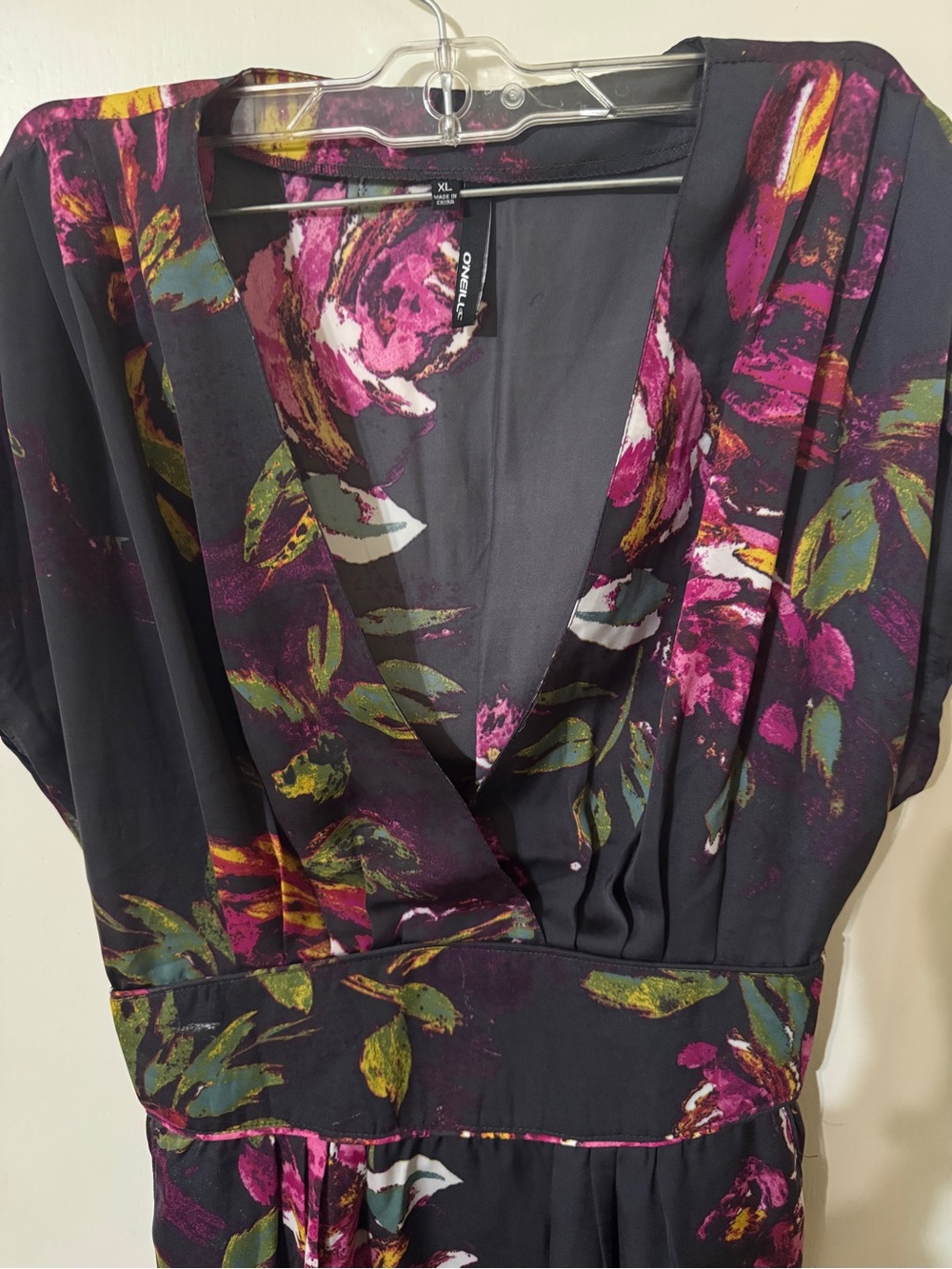 O'Neill Dress: Black Floral Wrap Romper with Pink and Green Accents